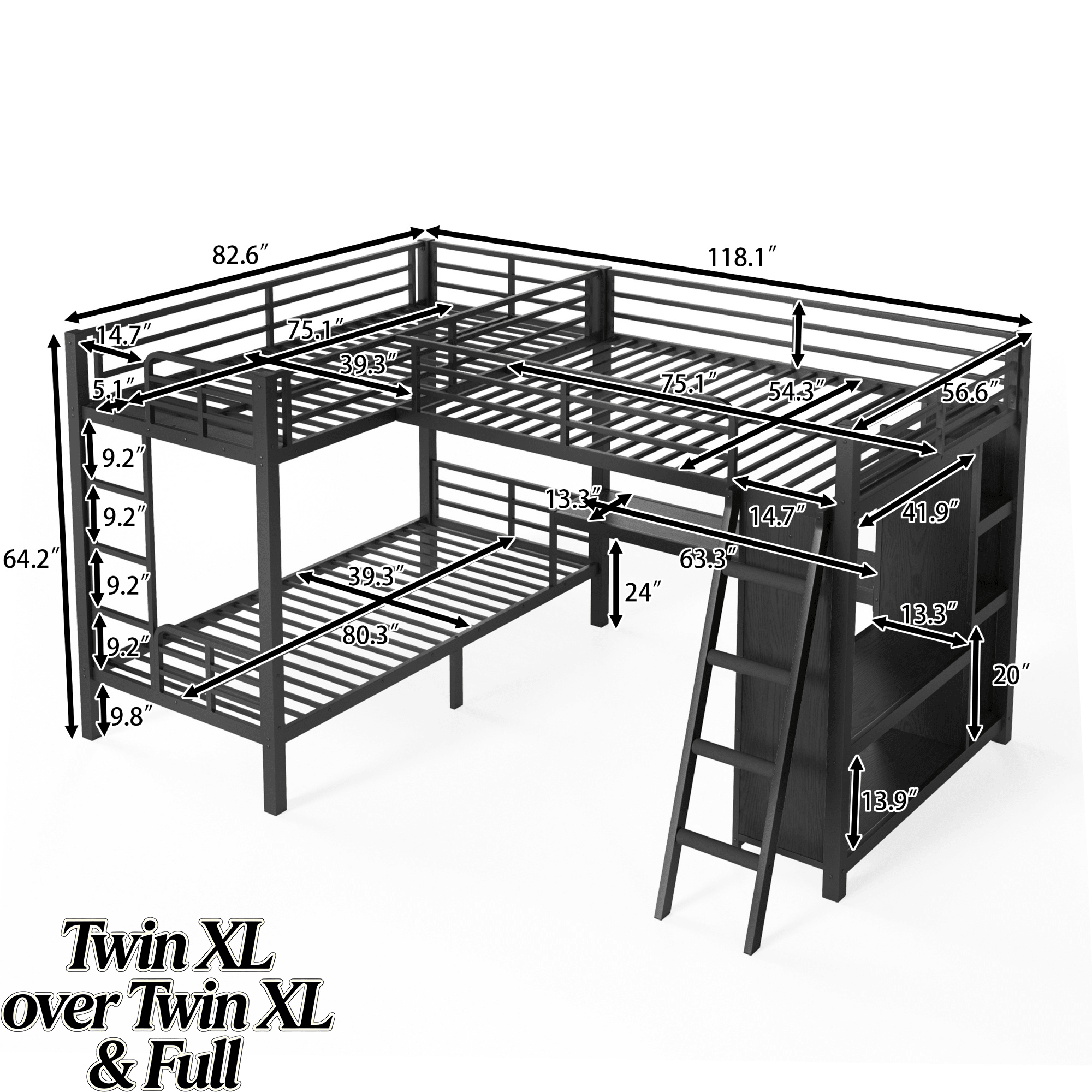 Bellemave® Metal Twin XL Over Twin XL Bunk Bed with Full Loft Bed, Heavy Duty L - Shaped Triple Bunk Bed Frame with Wardrobe, Desk & Storage Shelves for 3 Kids,Black - Bellemave