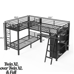 Bellemave® Metal Twin XL Over Twin XL Bunk Bed with Full Loft Bed, Heavy Duty L - Shaped Triple Bunk Bed Frame with Wardrobe, Desk & Storage Shelves for 3 Kids,Black - Bellemave