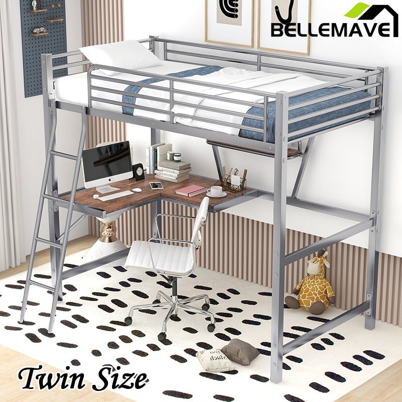 Bellemave® Metal&MDF High Loft Bed with Desk and Shelf - Bellemave