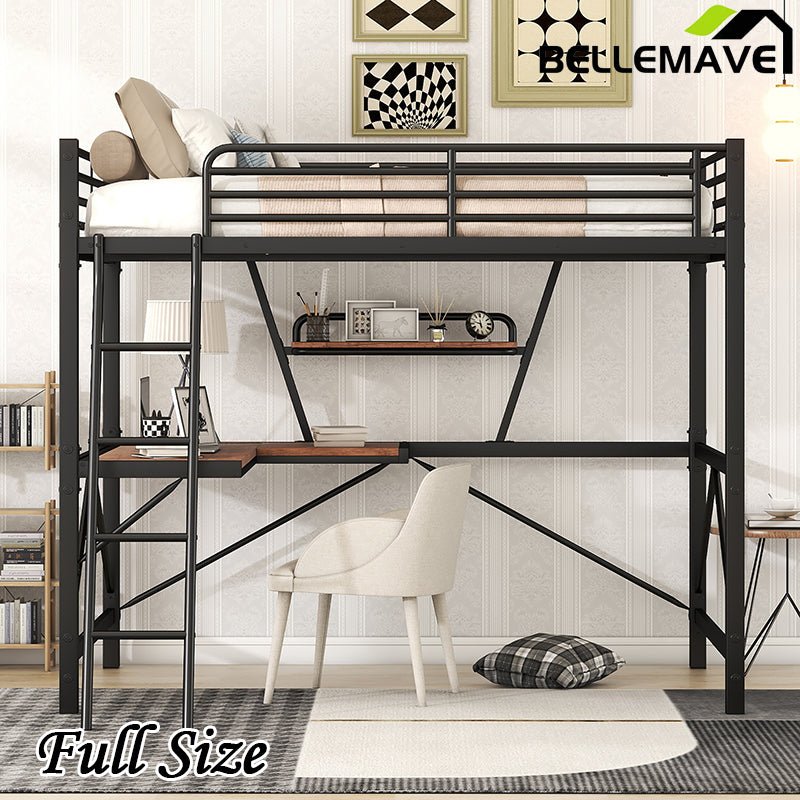 Bellemave® Metal&MDF High Loft Bed with Desk and Shelf - Bellemave