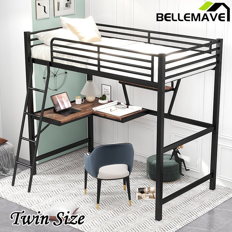 Bellemave® Metal&MDF High Loft Bed with Desk and Shelf - Bellemave