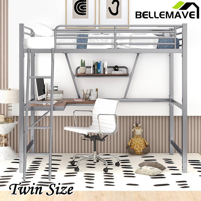 Bellemave® Metal&MDF High Loft Bed with Desk and Shelf - Bellemave