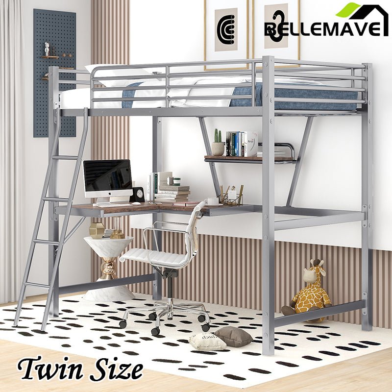 Bellemave® Metal&MDF High Loft Bed with Desk and Shelf - Bellemave