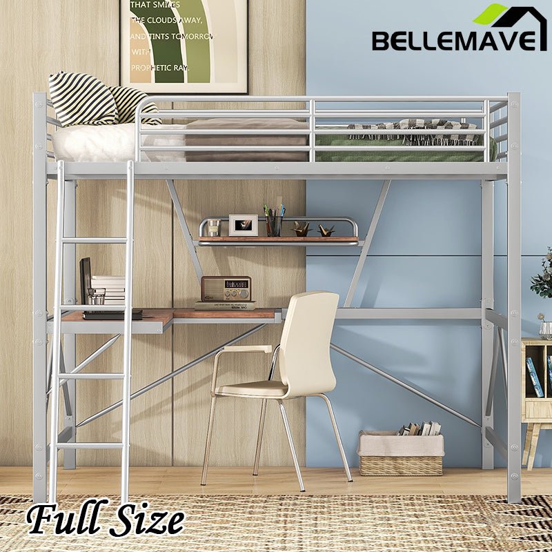 Bellemave® Metal&MDF High Loft Bed with Desk and Shelf - Bellemave