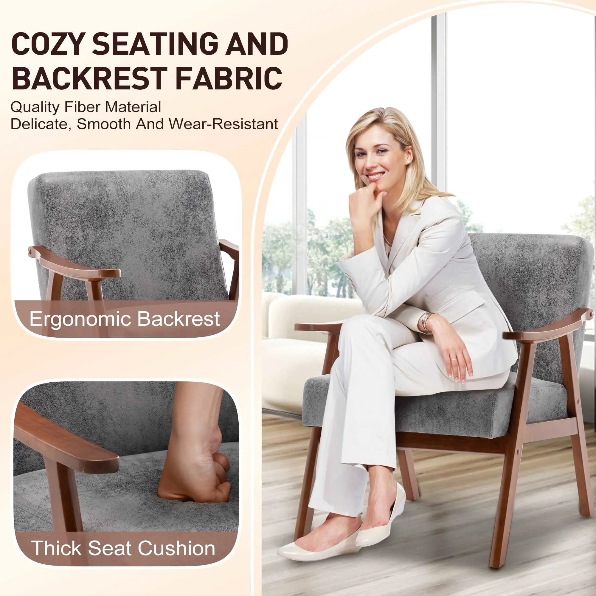 Bellemave® Mid - Century Modern Chair with Solid Wood Frame, Extra - Thick Backrest - Bellemave