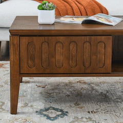 Bellemave® Mid Century Modern Fluted Coffee Table with Storage Sliding Door & Solid Wood Leg - Bellemave
