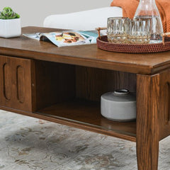 Bellemave® Mid Century Modern Fluted Coffee Table with Storage Sliding Door & Solid Wood Leg - Bellemave