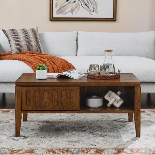 Bellemave® Mid Century Modern Fluted Coffee Table with Storage Sliding Door & Solid Wood Leg - Bellemave