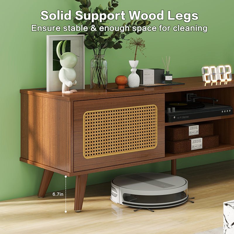 Bellemave® Mid Century Modern Rattan TV Stand with Solid Wood Feet & Rattan Cabinet Doors - Bellemave