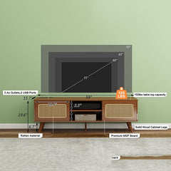 Bellemave® Mid Century Modern Rattan TV Stand with Solid Wood Feet & Rattan Cabinet Doors - Bellemave