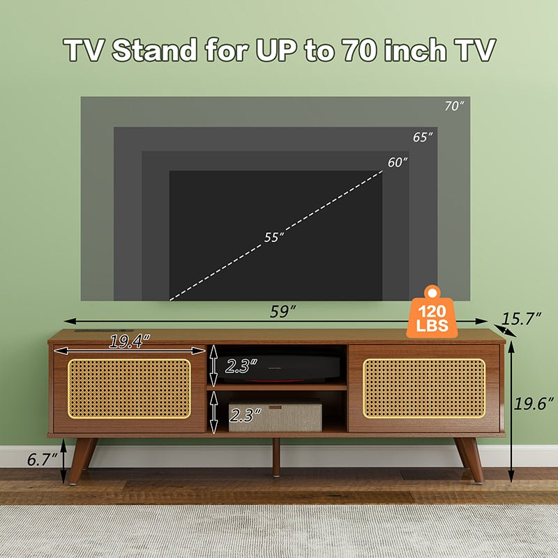 Bellemave® Mid Century Modern Rattan TV Stand with Solid Wood Feet & Rattan Cabinet Doors - Bellemave