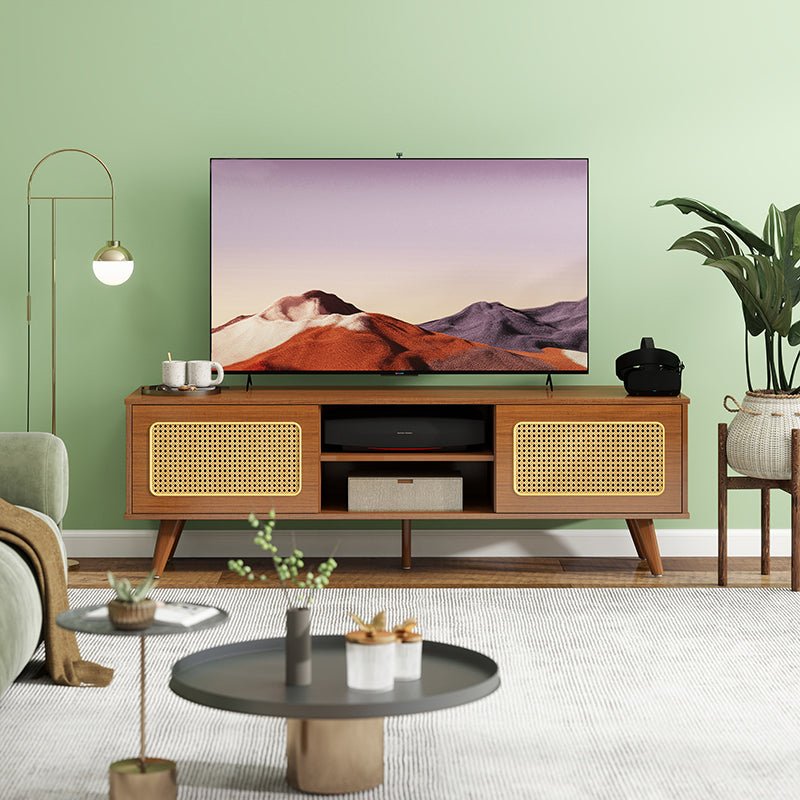 Bellemave® Mid Century Modern Rattan TV Stand with Solid Wood Feet & Rattan Cabinet Doors - Bellemave