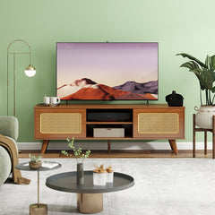 Bellemave® Mid Century Modern Rattan TV Stand with Solid Wood Feet & Rattan Cabinet Doors - Bellemave