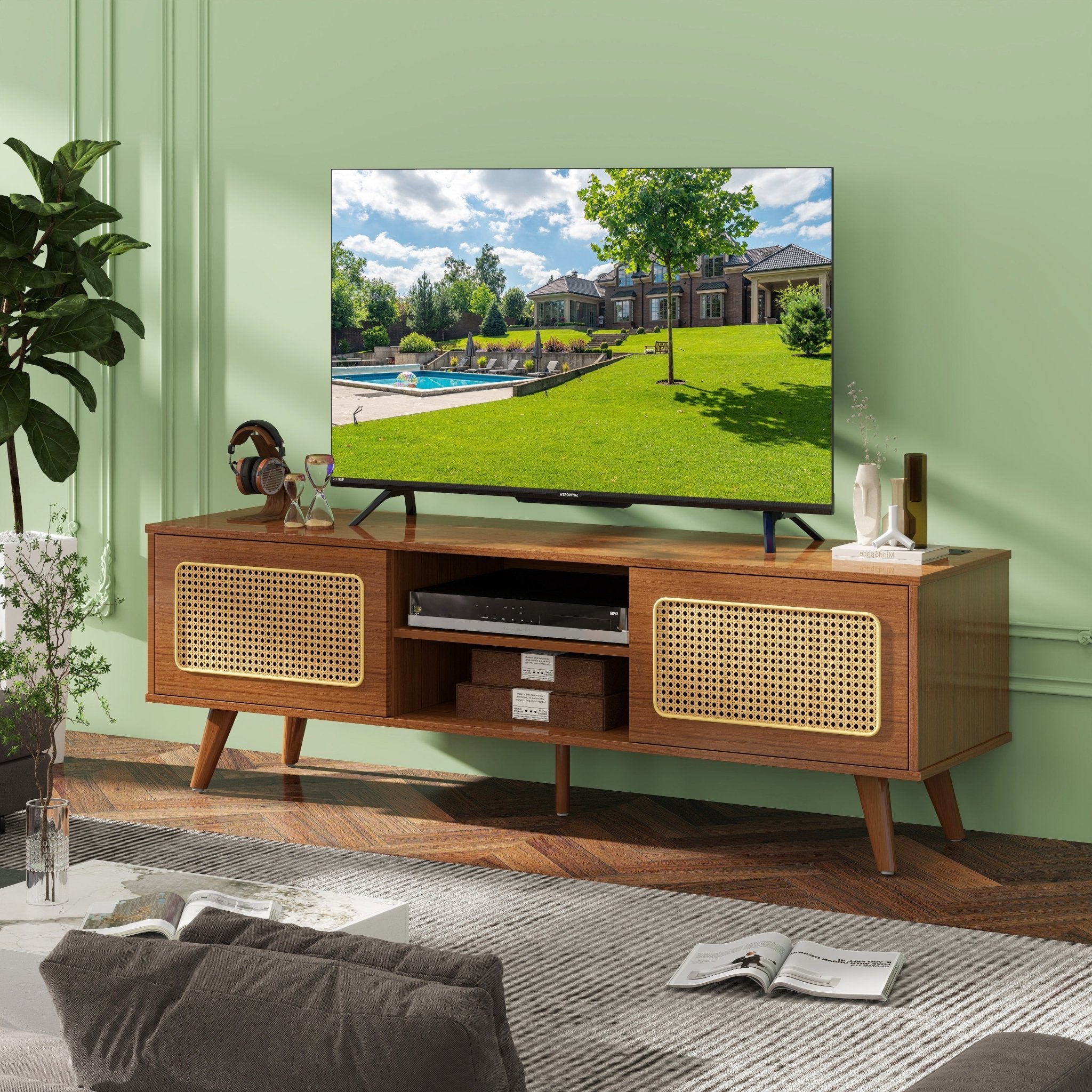 Bellemave® Mid Century Modern Rattan TV Stand with Solid Wood Feet & Rattan Cabinet Doors - Bellemave