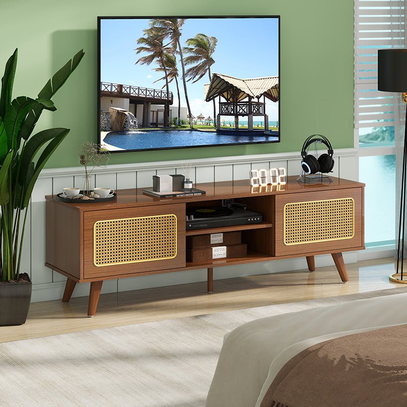 Bellemave® Mid Century Modern Rattan TV Stand with Solid Wood Feet & Rattan Cabinet Doors - Bellemave