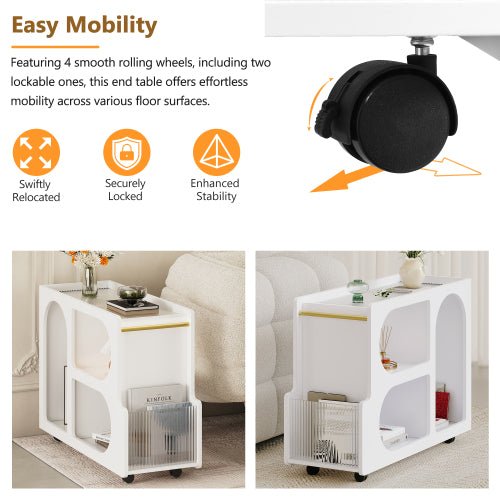 Bellemave® Mobile End Table with Lockable Wheels with 5mm Thick Fluted Tempered Glass and Golden Round Rod - Bellemave