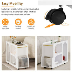 Bellemave® Mobile End Table with Lockable Wheels with 5mm Thick Fluted Tempered Glass and Golden Round Rod - Bellemave