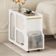 Bellemave® Mobile End Table with Lockable Wheels with 5mm Thick Fluted Tempered Glass and Golden Round Rod - Bellemave