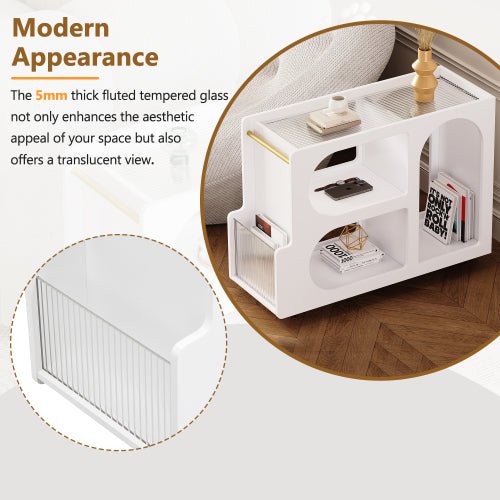 Bellemave® Mobile End Table with Lockable Wheels with 5mm Thick Fluted Tempered Glass and Golden Round Rod - Bellemave