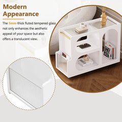 Bellemave® Mobile End Table with Lockable Wheels with 5mm Thick Fluted Tempered Glass and Golden Round Rod - Bellemave