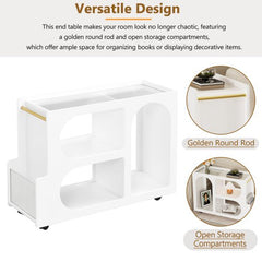 Bellemave® Mobile End Table with Lockable Wheels with 5mm Thick Fluted Tempered Glass and Golden Round Rod - Bellemave