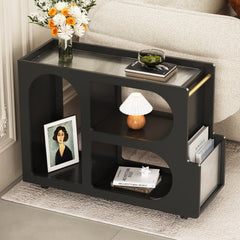 Bellemave® Mobile End Table with Lockable Wheels with 5mm Thick Fluted Tempered Glass and Golden Round Rod - Bellemave