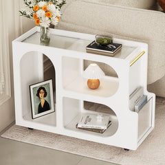 Bellemave® Mobile End Table with Lockable Wheels with 5mm Thick Fluted Tempered Glass and Golden Round Rod - Bellemave