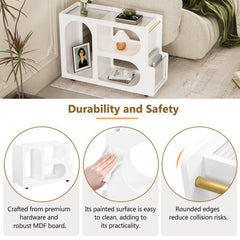 Bellemave® Mobile End Table with Lockable Wheels with 5mm Thick Fluted Tempered Glass and Golden Round Rod - Bellemave