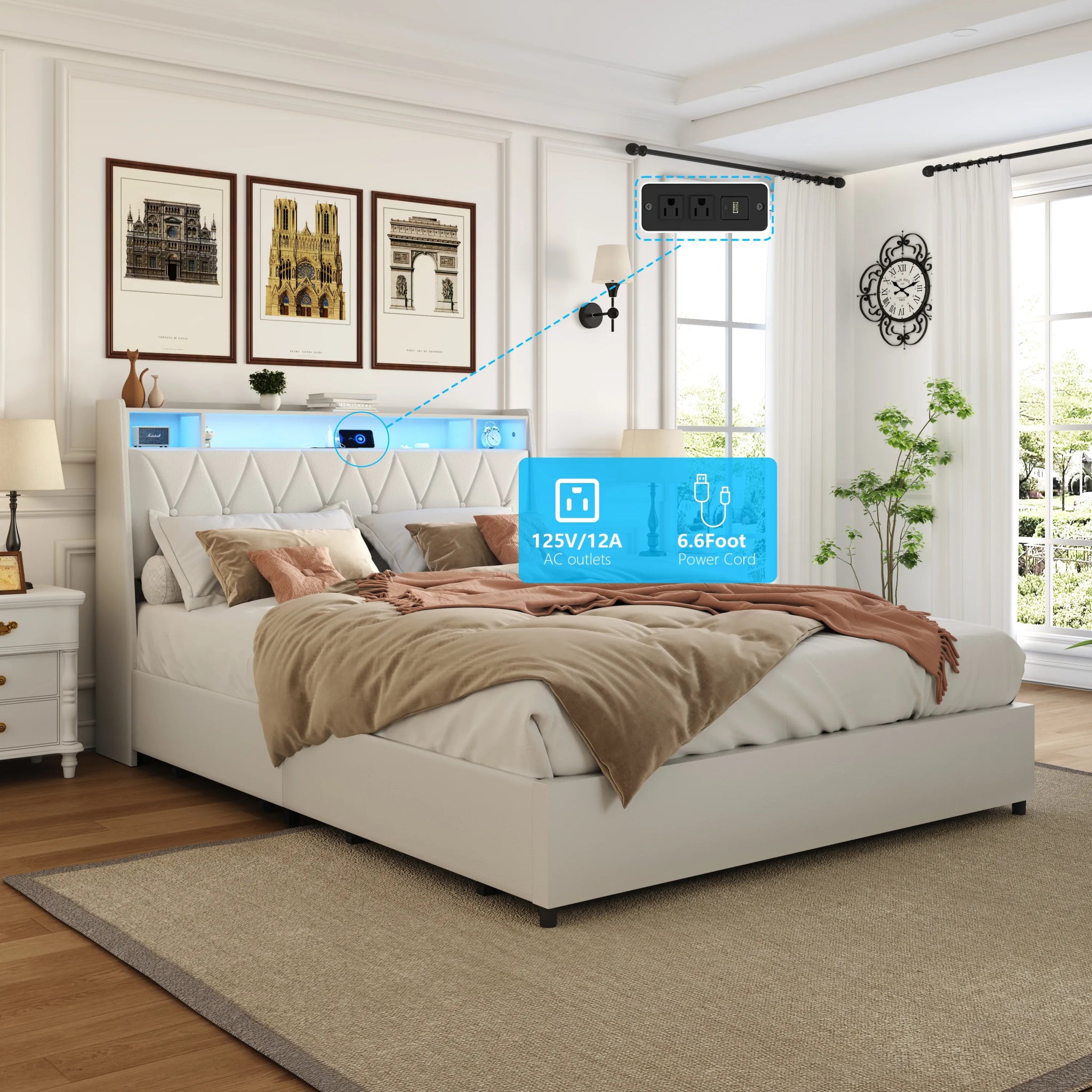 Bellemave® Moden Platform Bed with Outlets & Charger & LED Light, Storage Shelf - Bellemave
