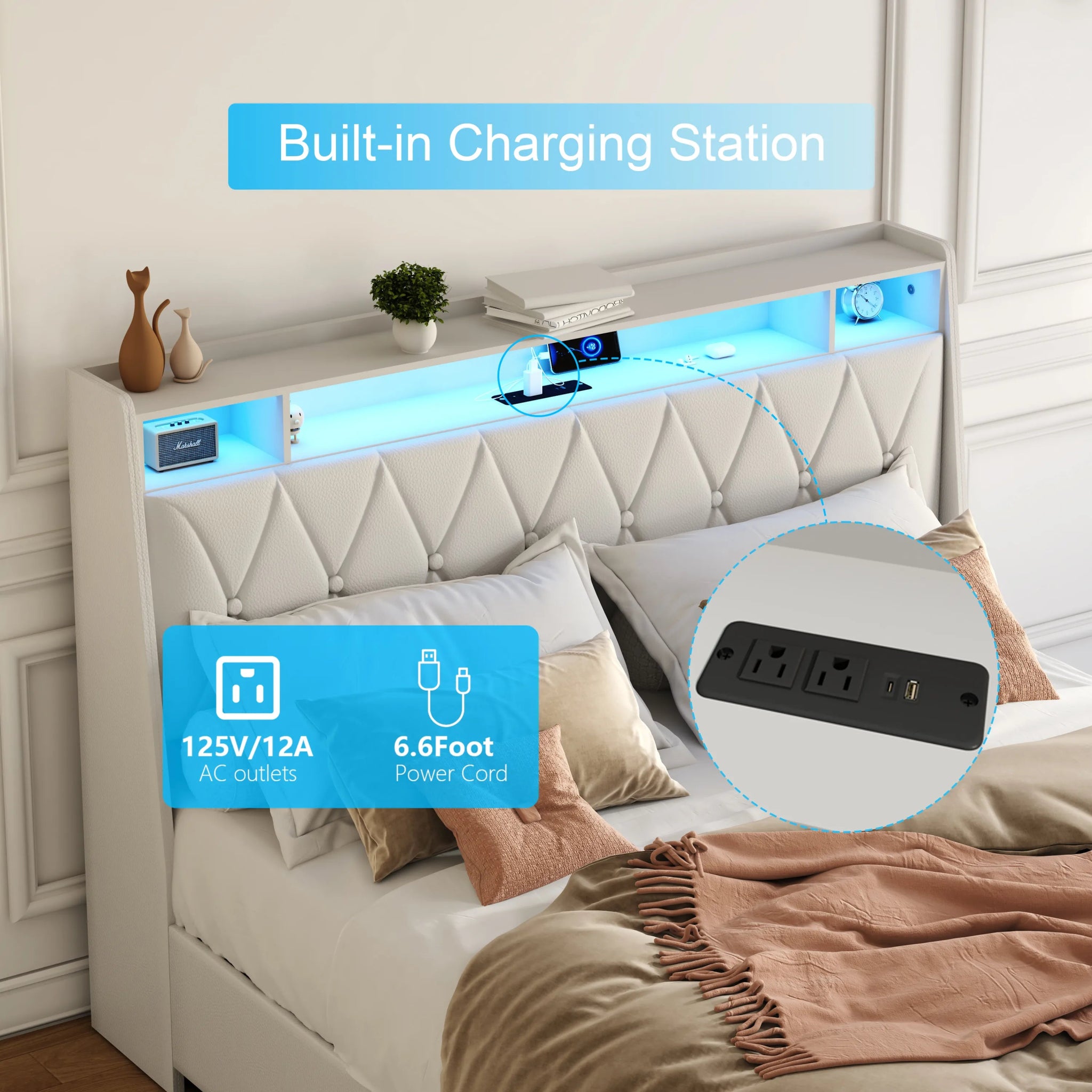 Bellemave® Moden Platform Bed with Outlets & Charger & LED Light, Storage Shelf - Bellemave