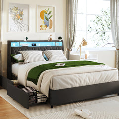 Bellemave® Moden Platform Bed with Outlets & Charger & LED Light, Storage Shelf - Bellemave