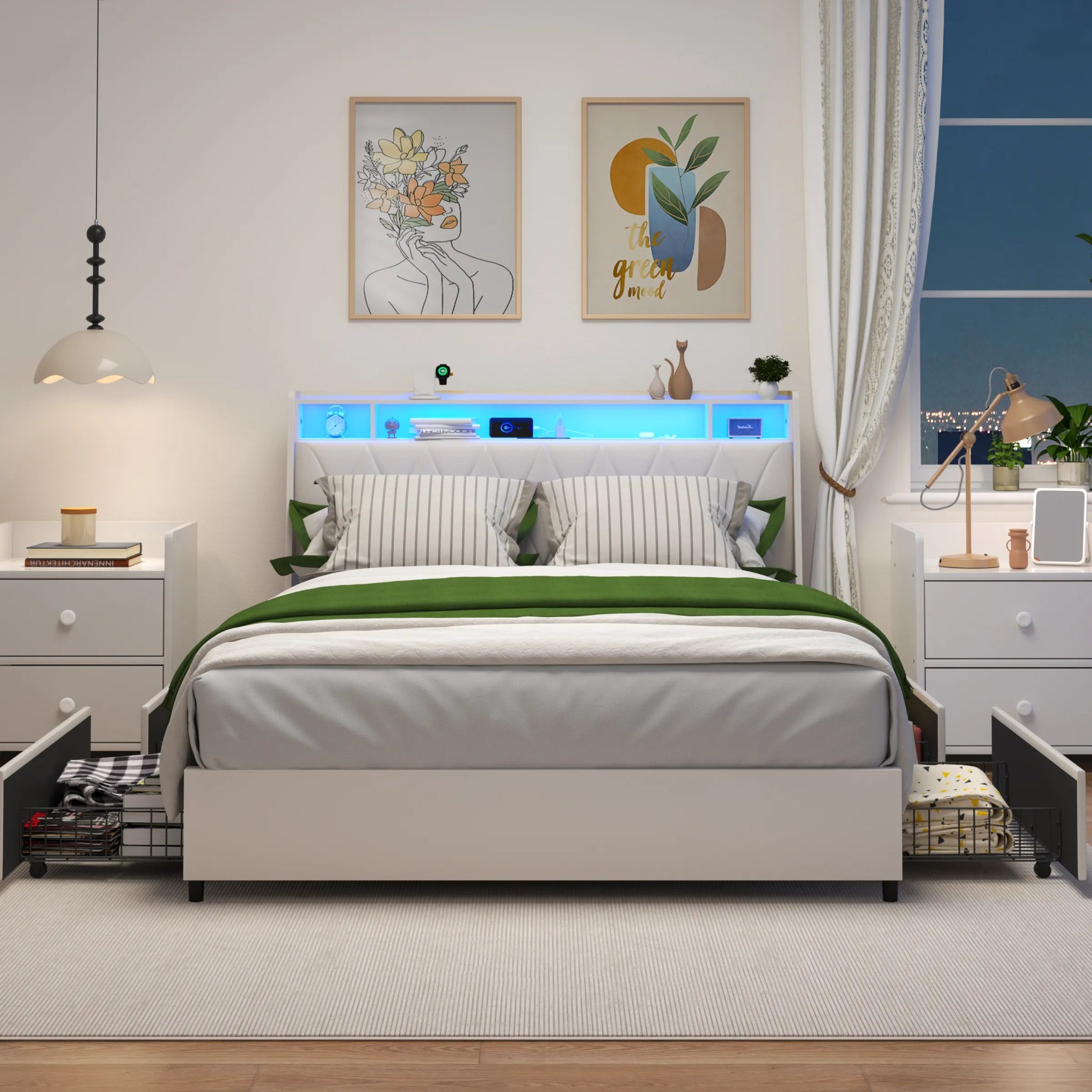 Bellemave® Moden Platform Bed with Outlets & Charger & LED Light, Storage Shelf - Bellemave