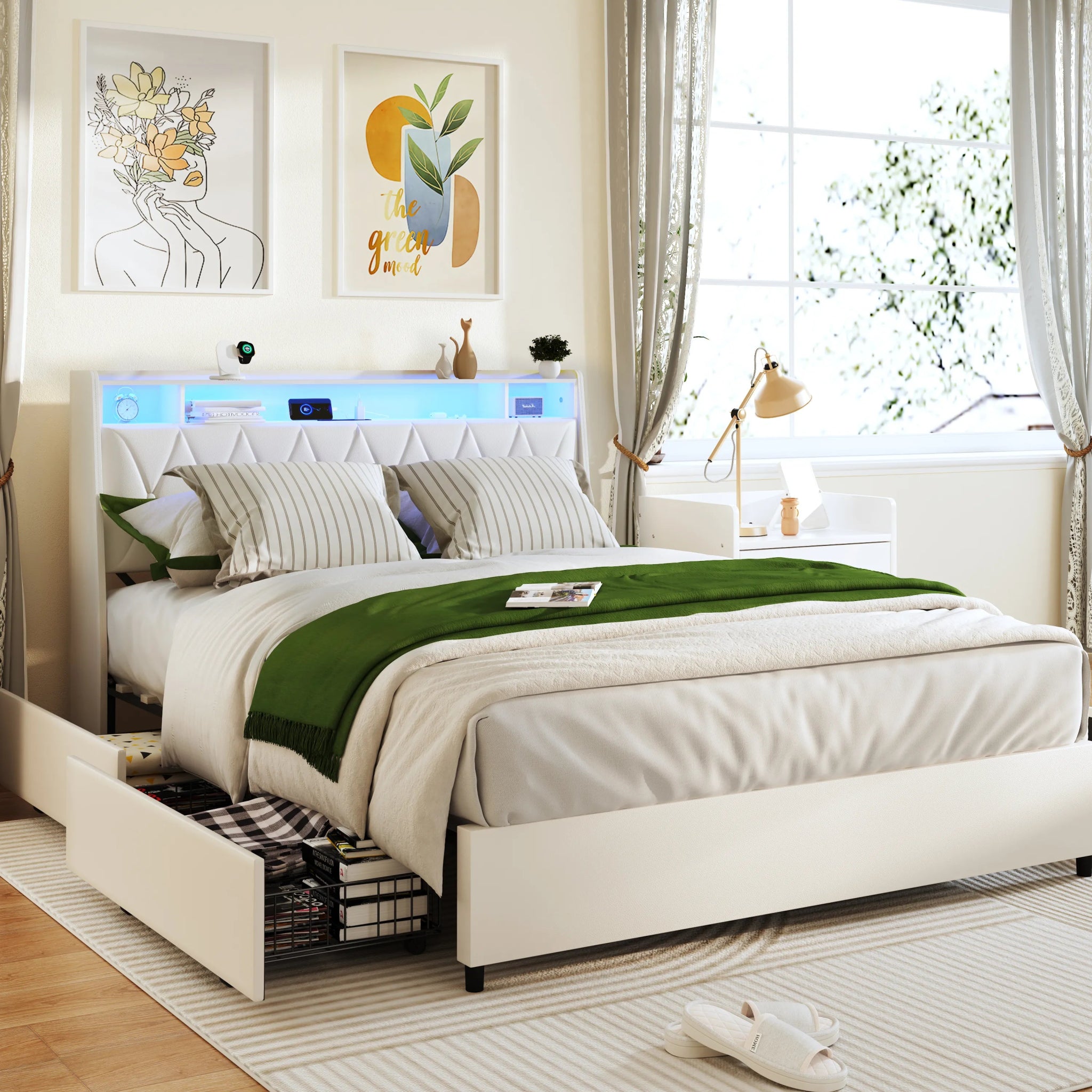 Bellemave® Moden Platform Bed with Outlets & Charger & LED Light, Storage Shelf - Bellemave