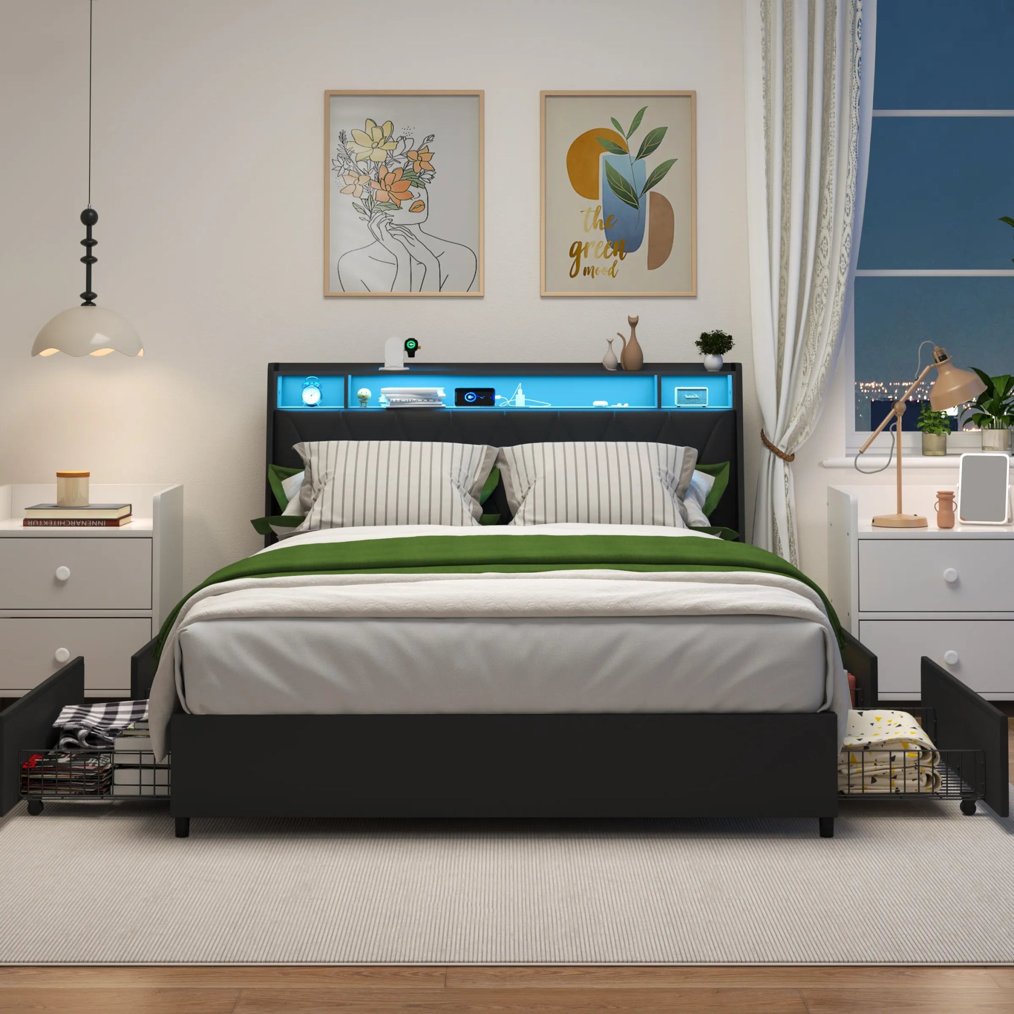 Bellemave® Moden Platform Bed with Outlets & Charger & LED Light, Storage Shelf - Bellemave