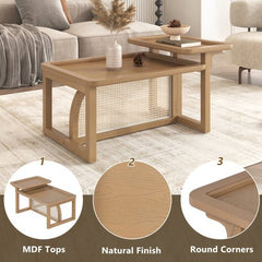 Bellemave® Modern 2 Piece Nesting Rattan Wood + MDF Coffee Table Set - Bellemave