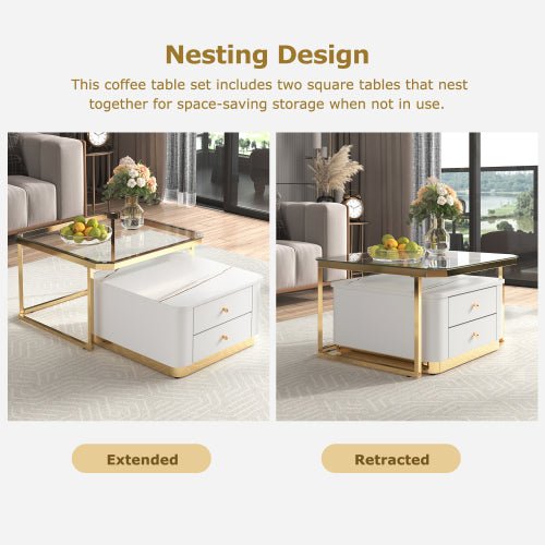 Bellemave® Modern 2 Pieces Square Nesting Coffee Table with Drawers & Electroplated Gold Legs - Bellemave