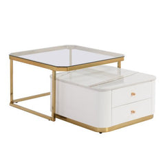 Bellemave® Modern 2 Pieces Square Nesting Coffee Table with Drawers & Electroplated Gold Legs - Bellemave