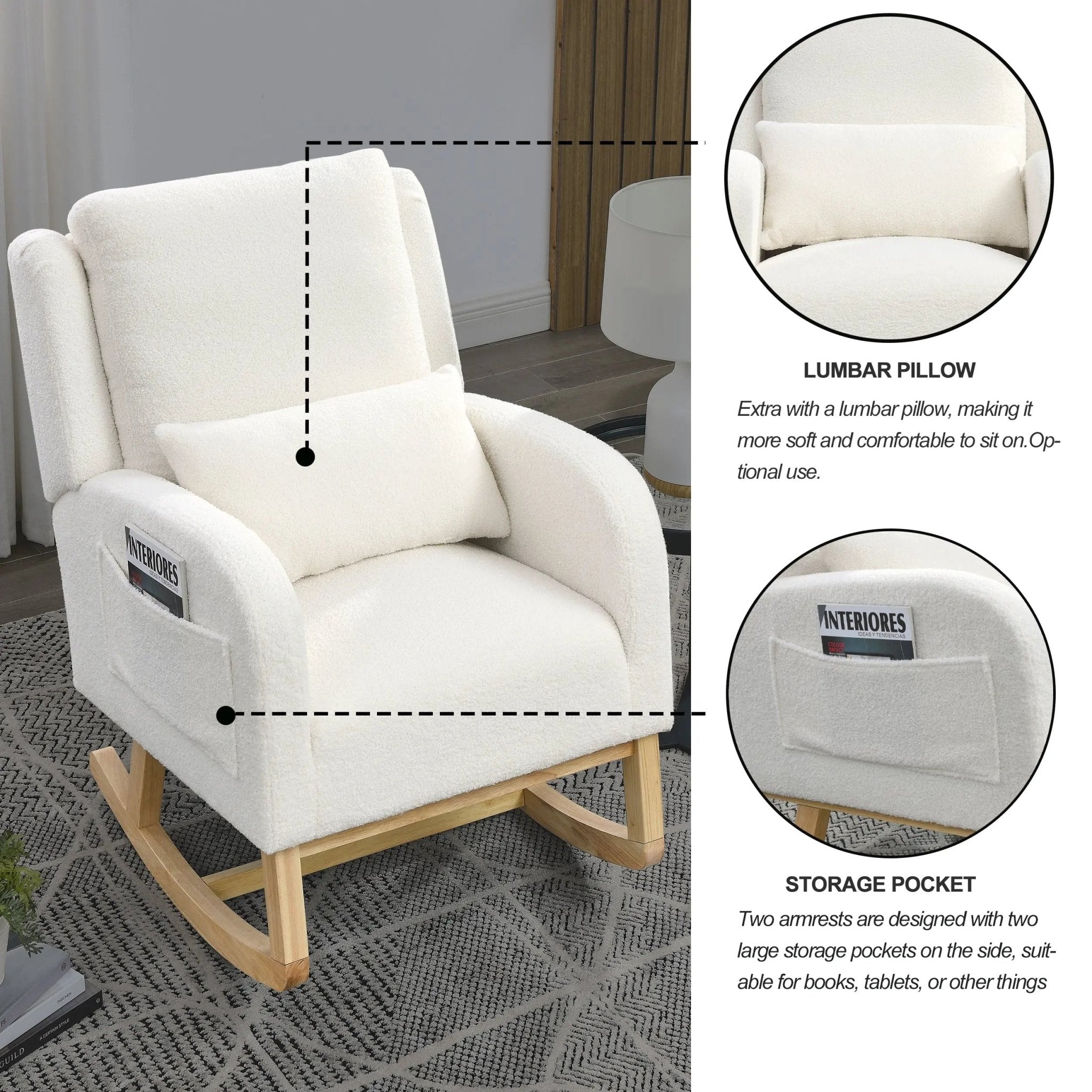 Bellemave® Modern Accent Casual Armchair Rocker with One Lumbar Pillow and Two Side Pockets - Bellemave