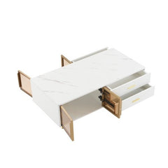 Bellemave® Modern Coffee Table with 2 Glass Door Storage and 4 Drawers, Gold Metal Legs and Multi - Color Lighting - Bellemave