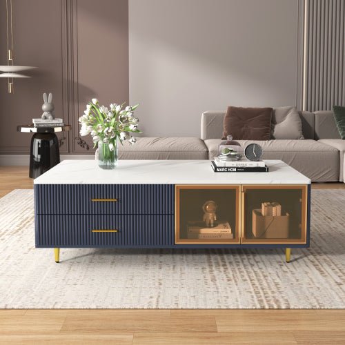 Bellemave® Modern Coffee Table with 2 Glass Door Storage and 4 Drawers, Gold Metal Legs and Multi - Color Lighting - Bellemave