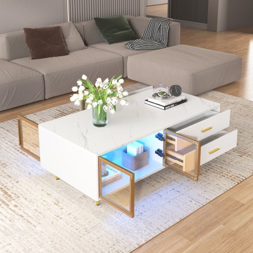 Bellemave® Modern Coffee Table with 2 Glass Door Storage and 4 Drawers, Gold Metal Legs and Multi - Color Lighting - Bellemave