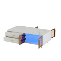 Bellemave® Modern Coffee Table with 2 Glass Door Storage and 4 Drawers, Gold Metal Legs and Multi - Color Lighting - Bellemave