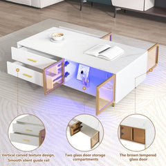 Bellemave® Modern Coffee Table with 2 Glass Door Storage and 4 Drawers, Gold Metal Legs and Multi - Color Lighting - Bellemave