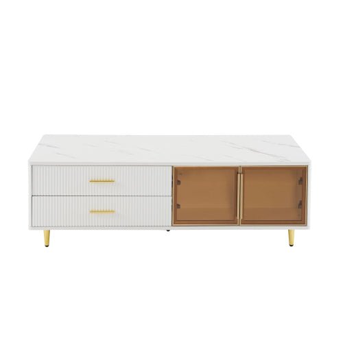 Bellemave® Modern Coffee Table with 2 Glass Door Storage and 4 Drawers, Gold Metal Legs and Multi - Color Lighting - Bellemave