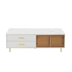 Bellemave® Modern Coffee Table with 2 Glass Door Storage and 4 Drawers, Gold Metal Legs and Multi - Color Lighting - Bellemave