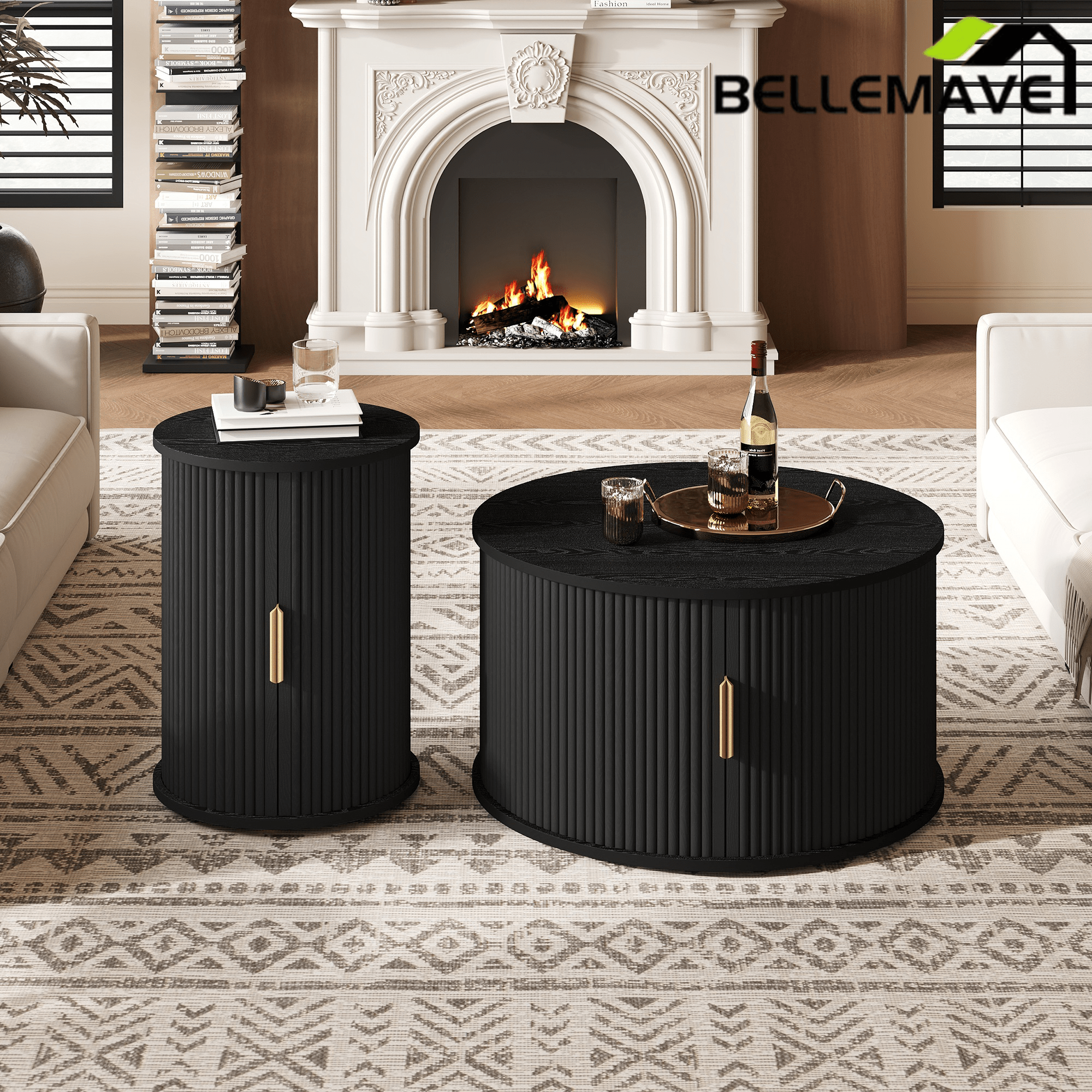Bellemave® Modern Fluted Coffee Table with Hidden Storage & Sliding Tambour Door, Minimalist Circle Wood Desk - Bellemave