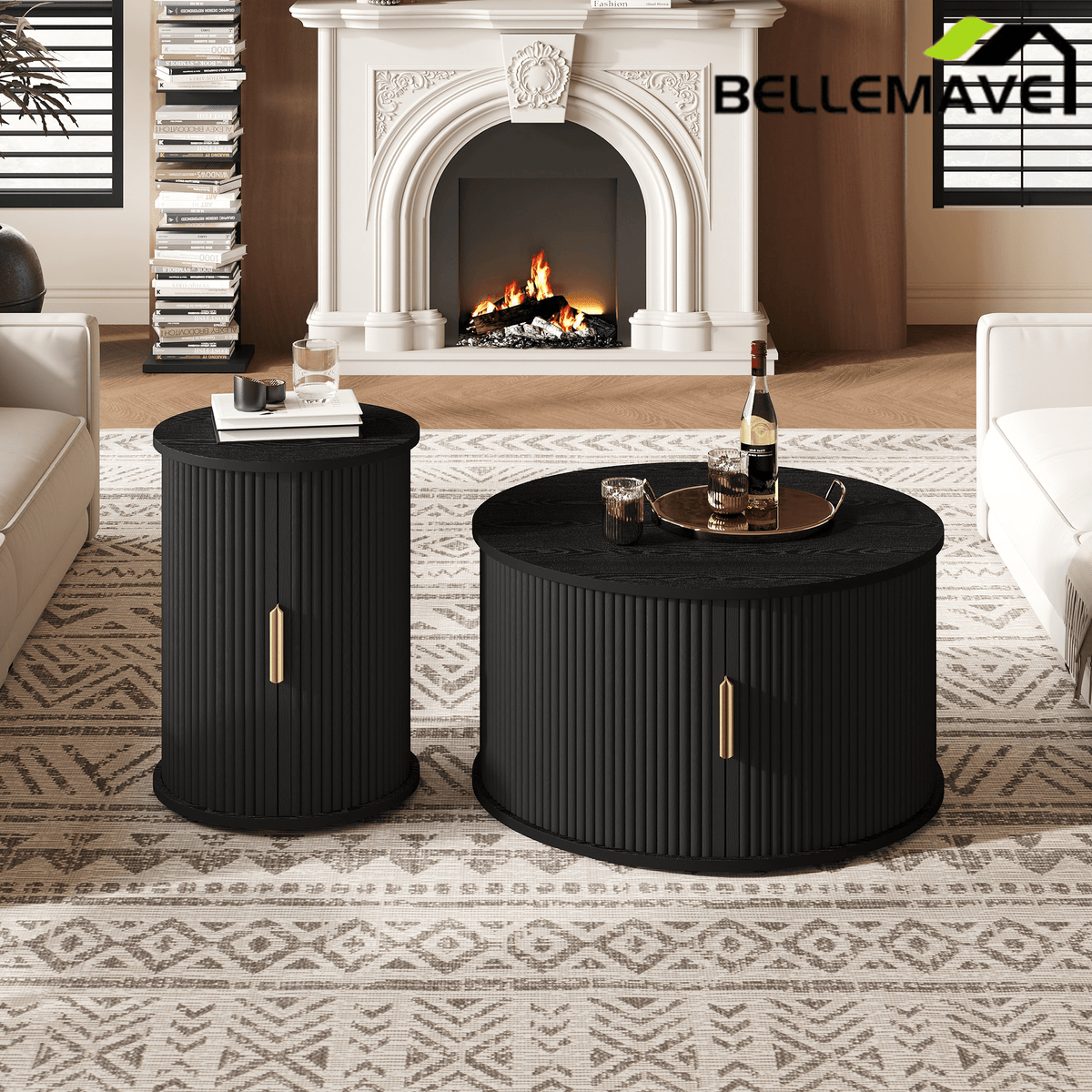 Bellemave® Modern Fluted Coffee Table with Hidden Storage & Sliding Tambour Door, Minimalist Circle Wood Desk - Bellemave