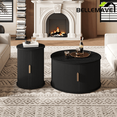 Bellemave® Modern Fluted Coffee Table with Hidden Storage & Sliding Tambour Door, Minimalist Circle Wood Desk - Bellemave