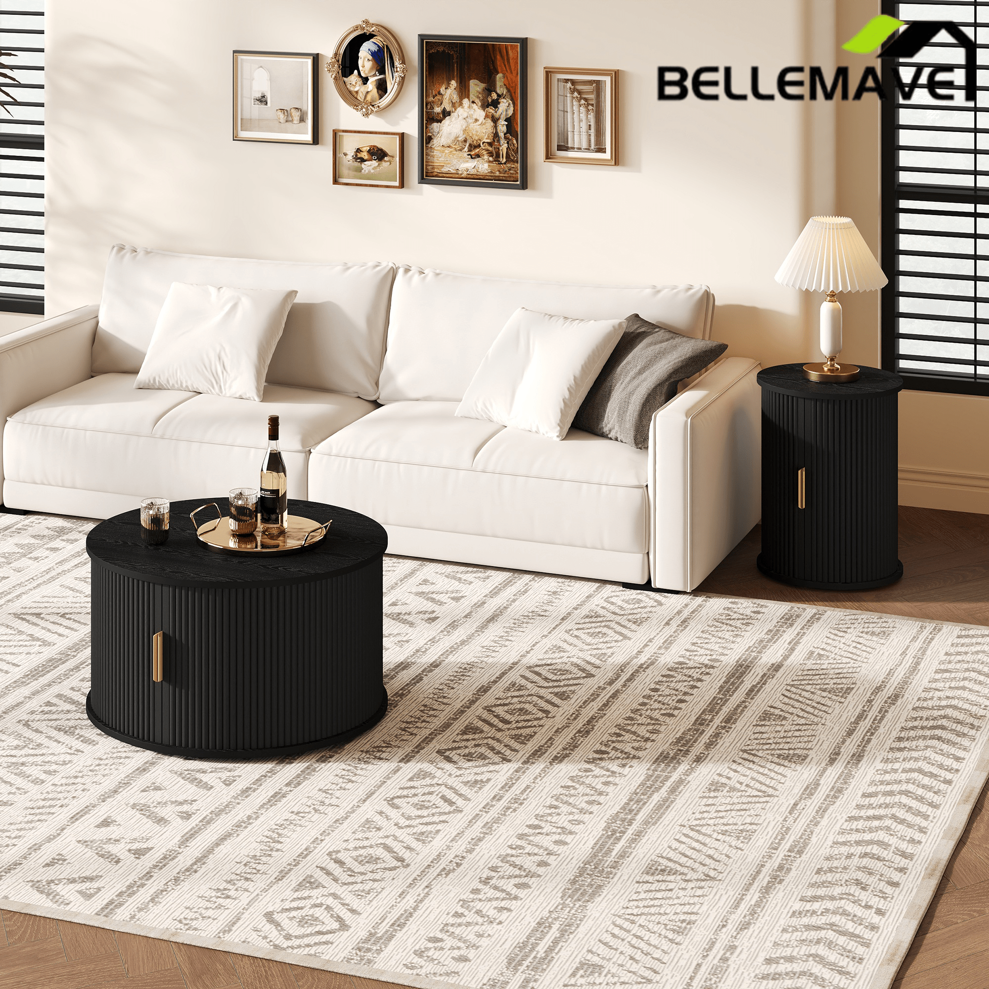 Bellemave® Modern Fluted Coffee Table with Hidden Storage & Sliding Tambour Door, Minimalist Circle Wood Desk - Bellemave