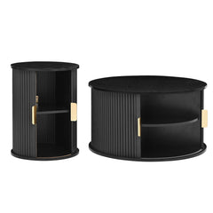 Bellemave® Modern Fluted Coffee Table with Hidden Storage & Sliding Tambour Door, Minimalist Circle Wood Desk - Bellemave